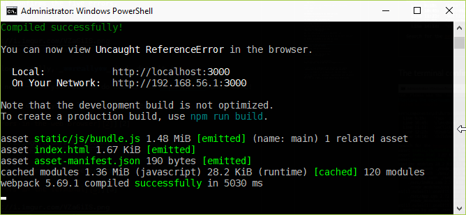 The terminal says: 'Compiled successfully!'