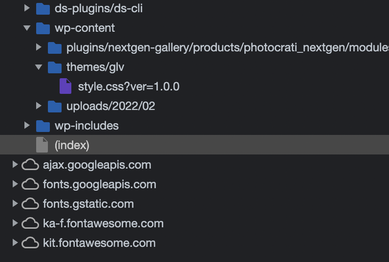 Screenshot of the file structure in the Google Developer tools Source tab