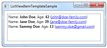 Items with Name, age and E-Mail of persons in a ListView without separator lines.