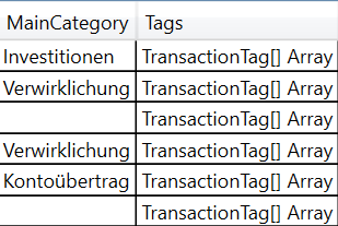 A DataGrid with two columns where the second column bound to TransactionTag objects displays "TransactionTag[] Array" for each row instead of the names of the objects.