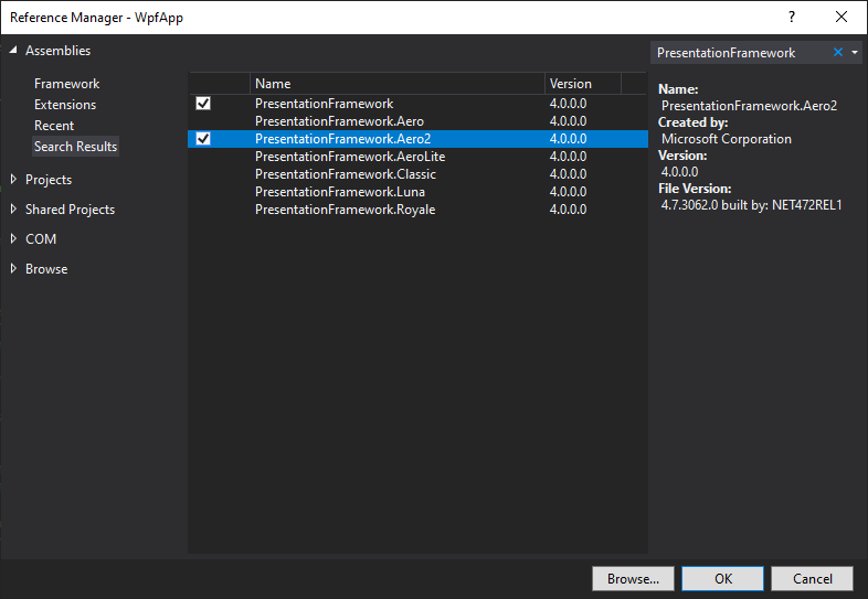 Reference Manager - Assemblies view with PresentationFramework.Aero2 theme assembly checked.