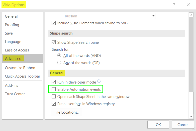 Visio Options window