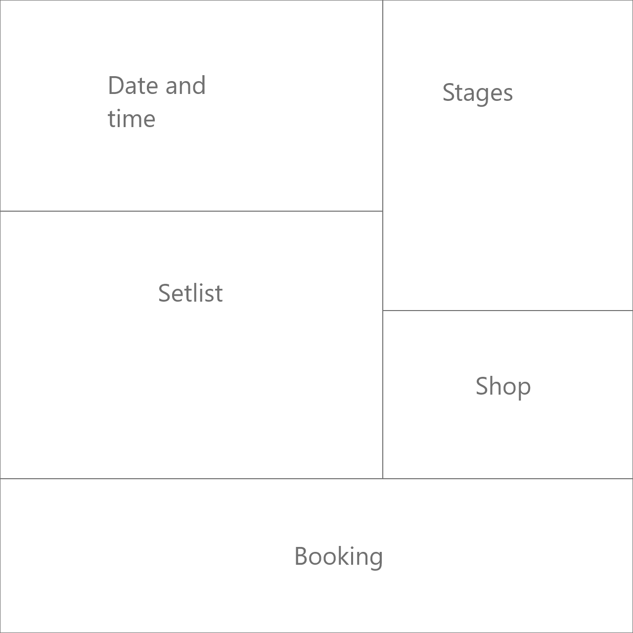 Date and time, stages, setlist, and shop paragraphs organised in an off-centre 4-picture collage. The booking section has its own space