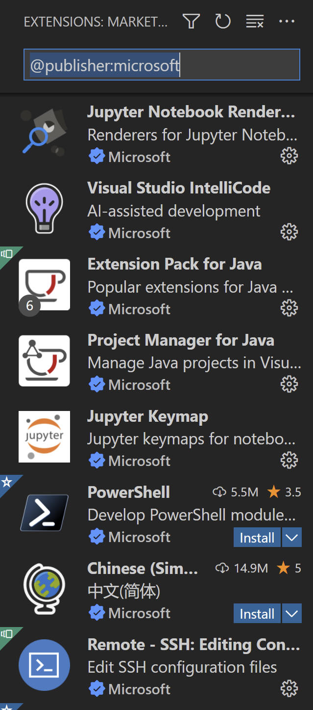 Screenshot from VSCode showing extension search on '@publisher:microsoft'