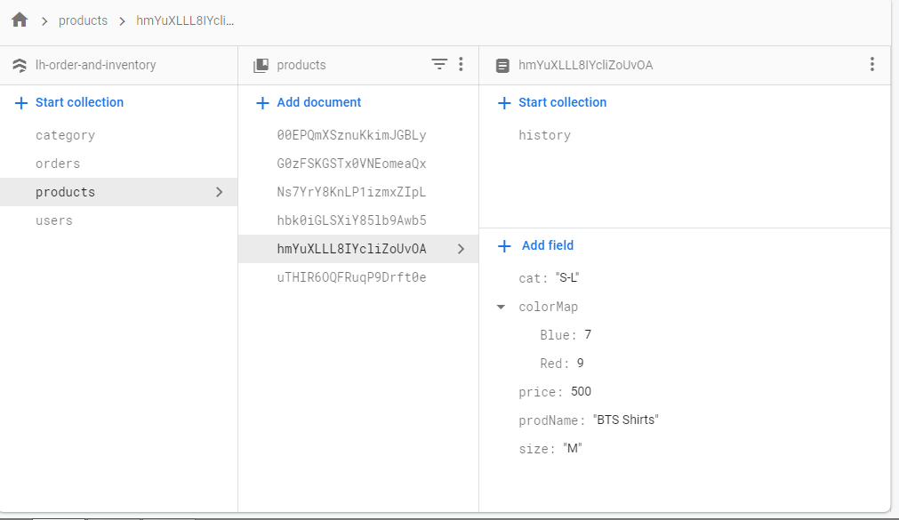 This is the following data from the Firebase. Take note that some of the products have 1, 2 or 3 colours in each products. I want the color and the color quantity that is less than 10 to output 