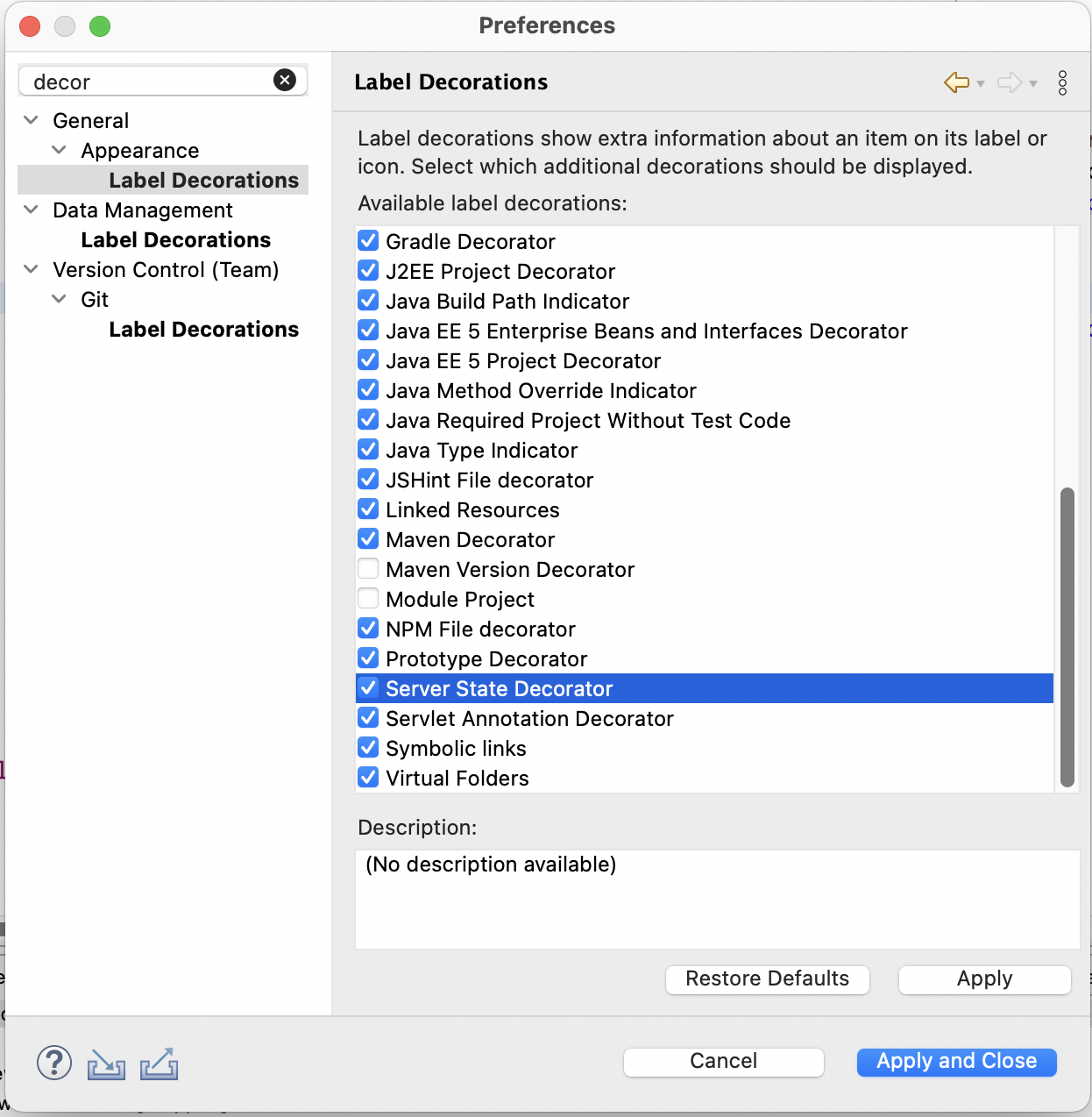 The Label Decorations preference page.