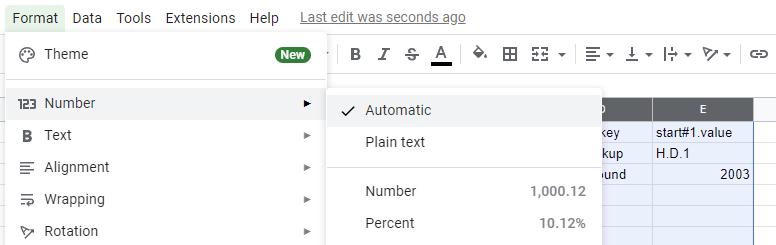 screenshot of Google Sheets UI showing the "Format | Number" menu option indicating "Automatic"