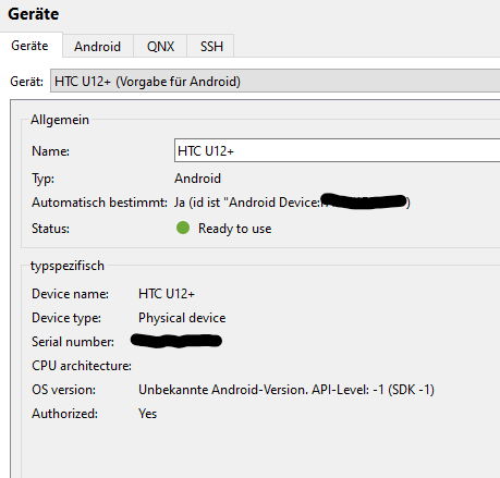 Qt Creator Device settings showing missing Arch and Unknown OS version