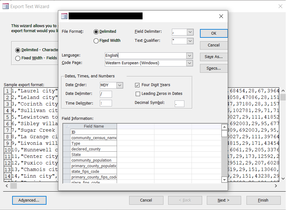 Export Text File Specs Screenshot