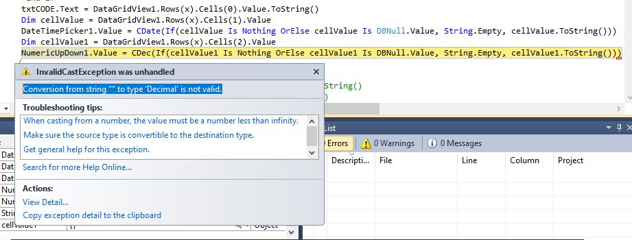 Conversion from string "" to type 'Decimal' is not valid.