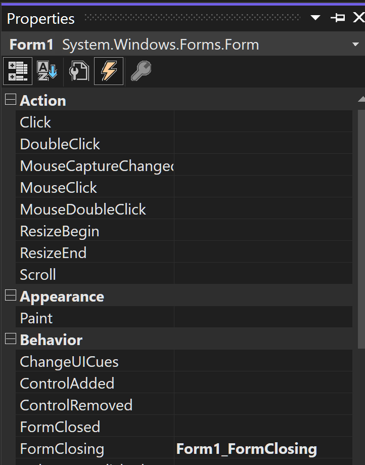 FormClosing Event in Properties Tab