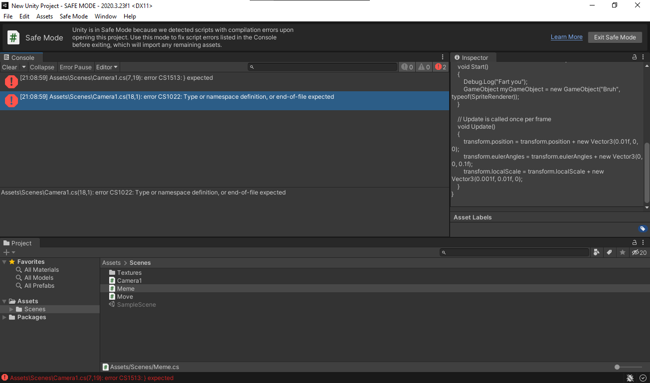 Screenshot of Unity Editor in safe mode, displaying errors CS 1513 & 1022