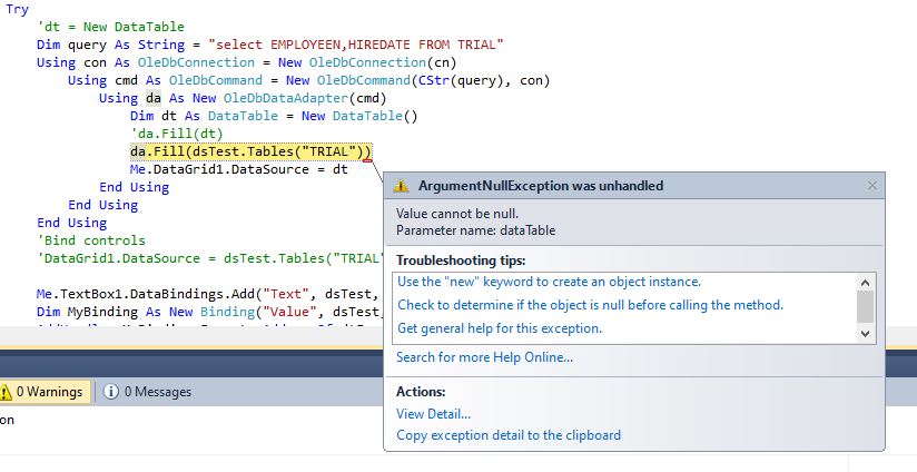 Value cannot be null Parameter name dataTable