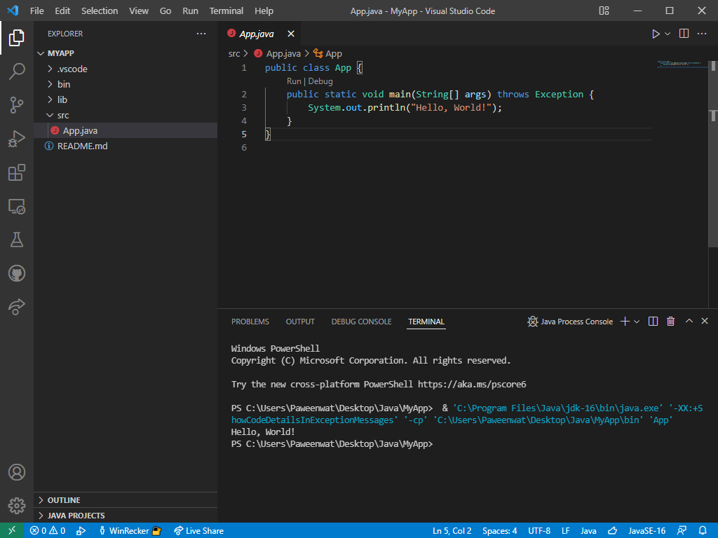 Create Java project in VS Code and run the project.