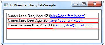 Items with Name, age and E-Mail of persons in a ListView with horizontal red lines in between them.