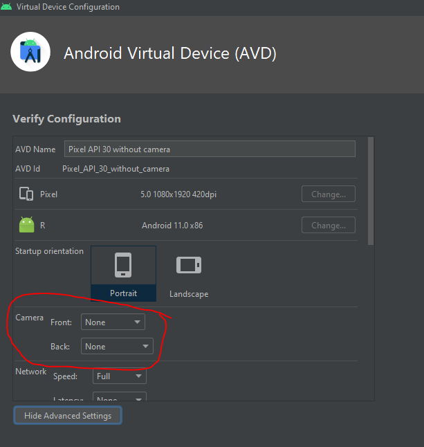 AVD Manager, device with camera front and back set to "None"