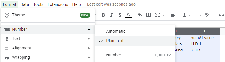 screenshot of Google Sheets UI showing the "Format | Number" menu option indicating "Plain text" 