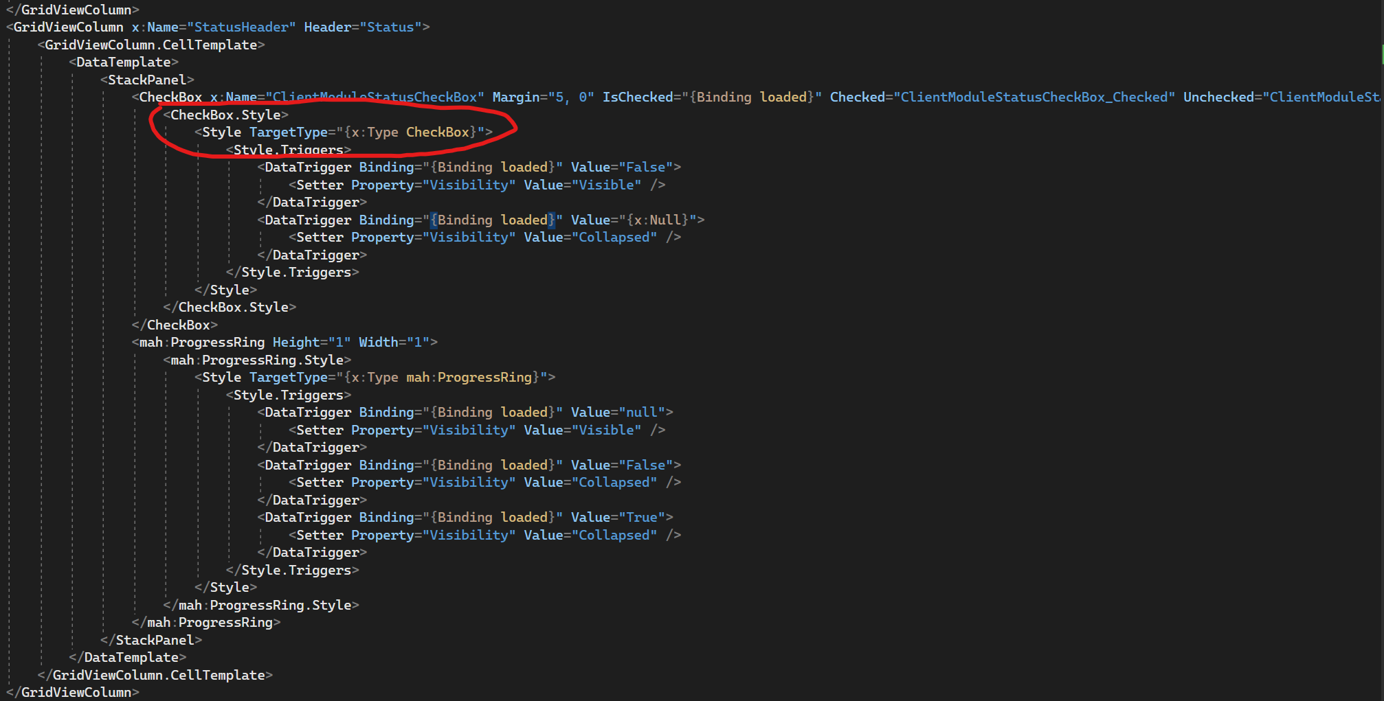 Image of the XAML code for CheckBox, the declaration is: 