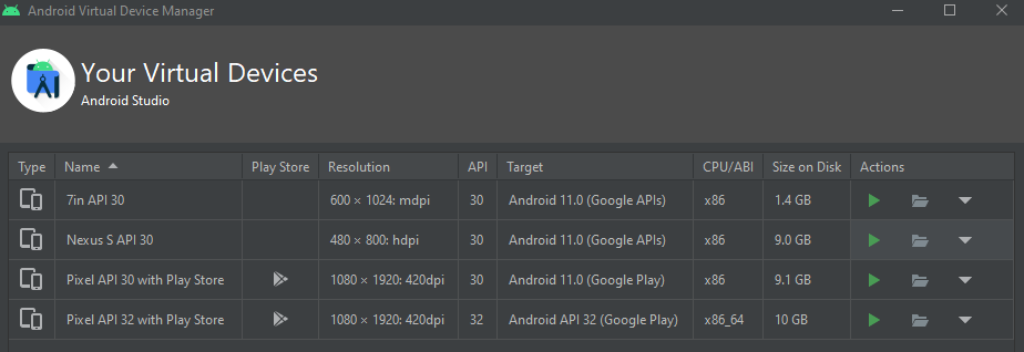 Mix of virtual devices, with and without the play store in AVD manager