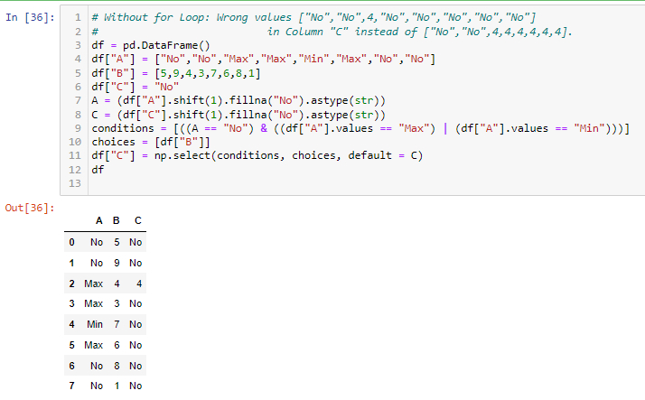 Imperfect Values in Column C with np.select function instead of for loop