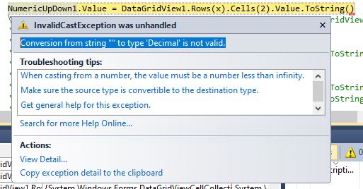 Conversion from string "" to type 'Decimal' is not valid.