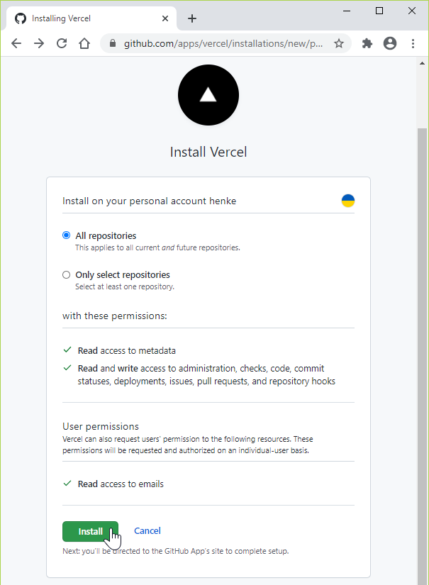 Install the Vercel app at GitHub, step 2.