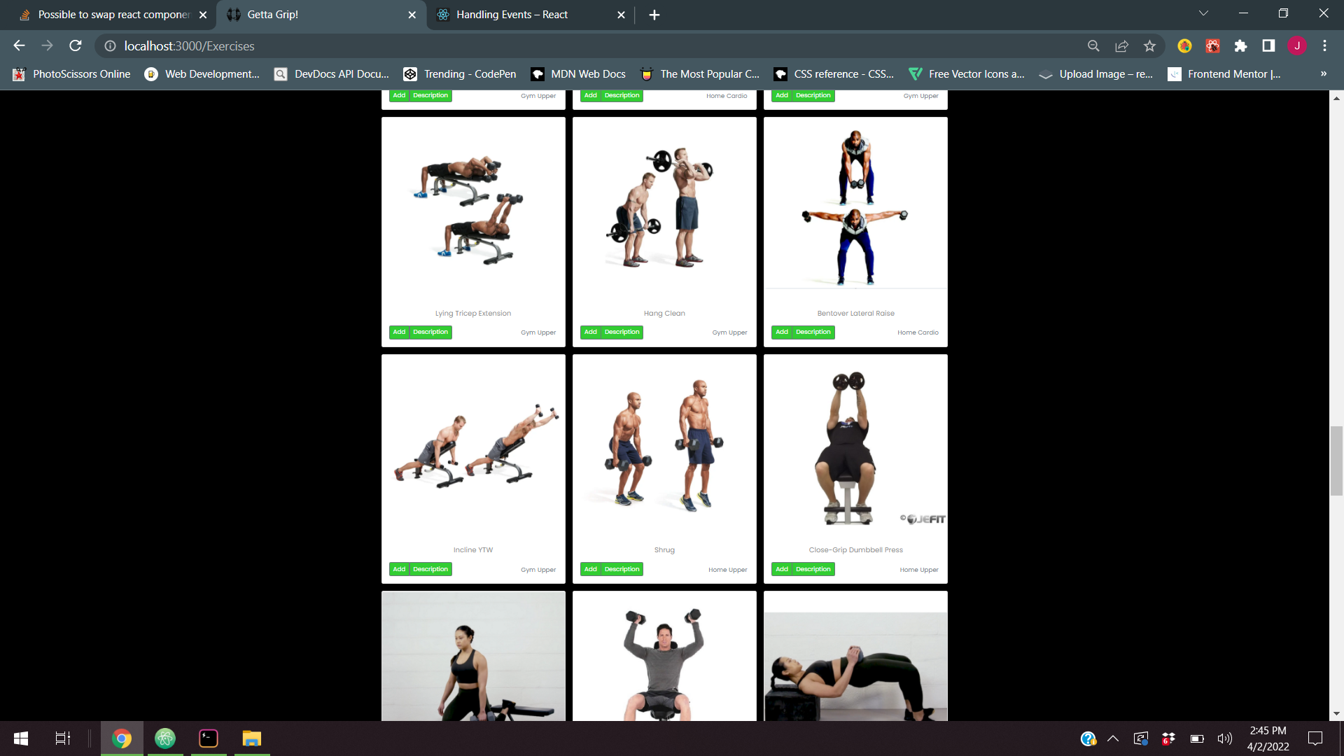 How the app works, showing off exercise identifiers (home, gym, body group)