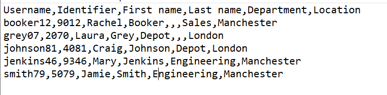 Username,Identifier,First name,Last name,Department,Location