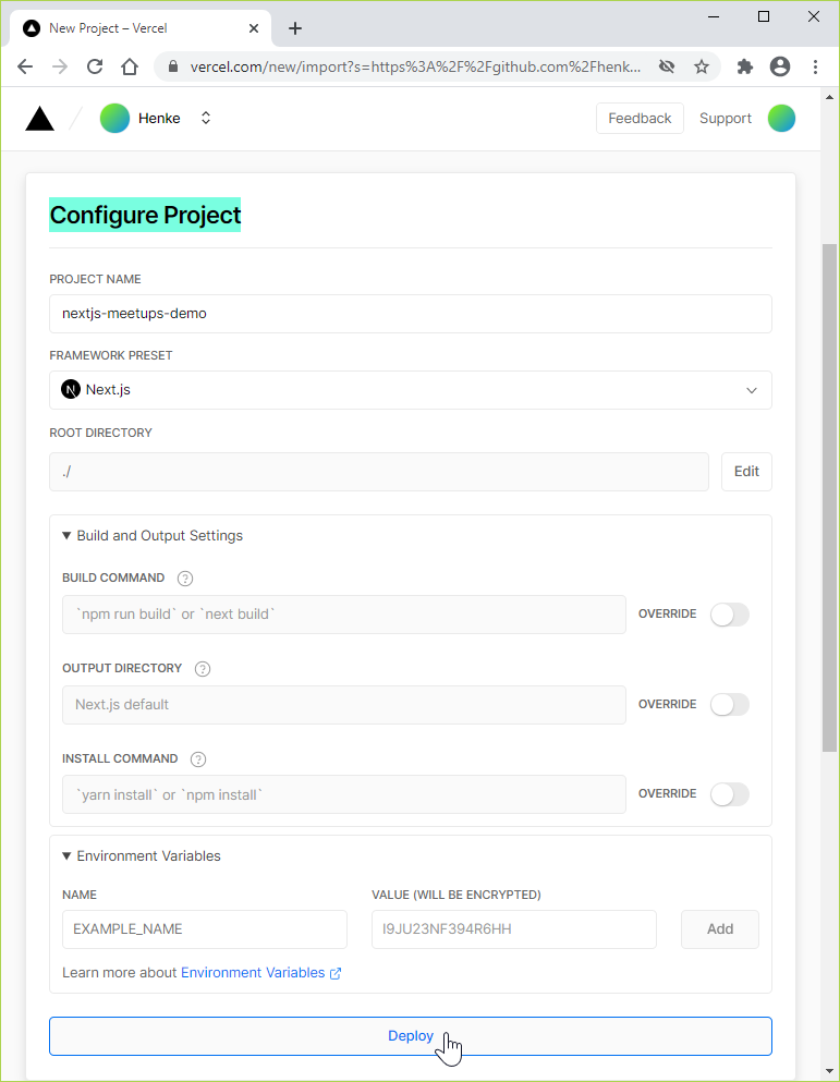 Configure the Vercel project.