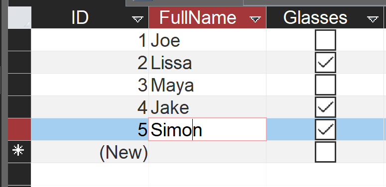 Fields: ID (number), FullName (text), Glasses (yes/no)