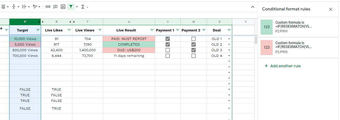 Conditional formatting applied to entire column P