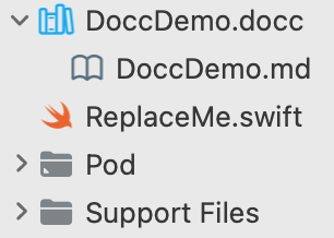 Xcode directory list with "DoccDemo.docc" folder displaying a special bookshelf icon.