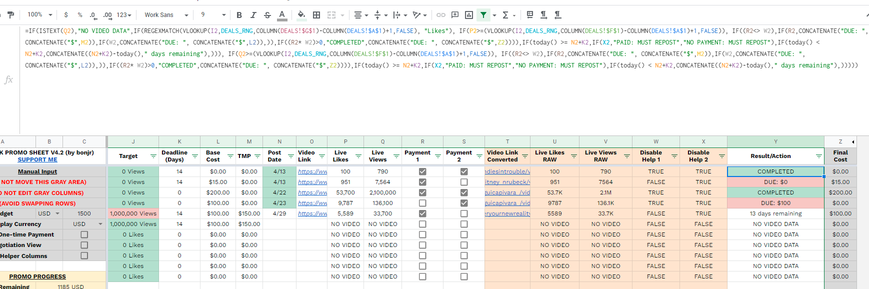 equation being used in column Y