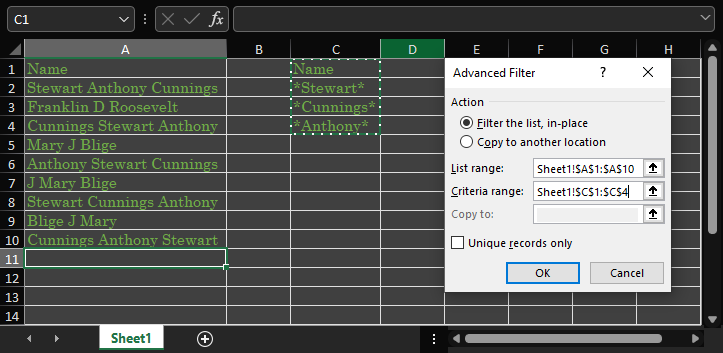 screenshot of data before advanced filter applied