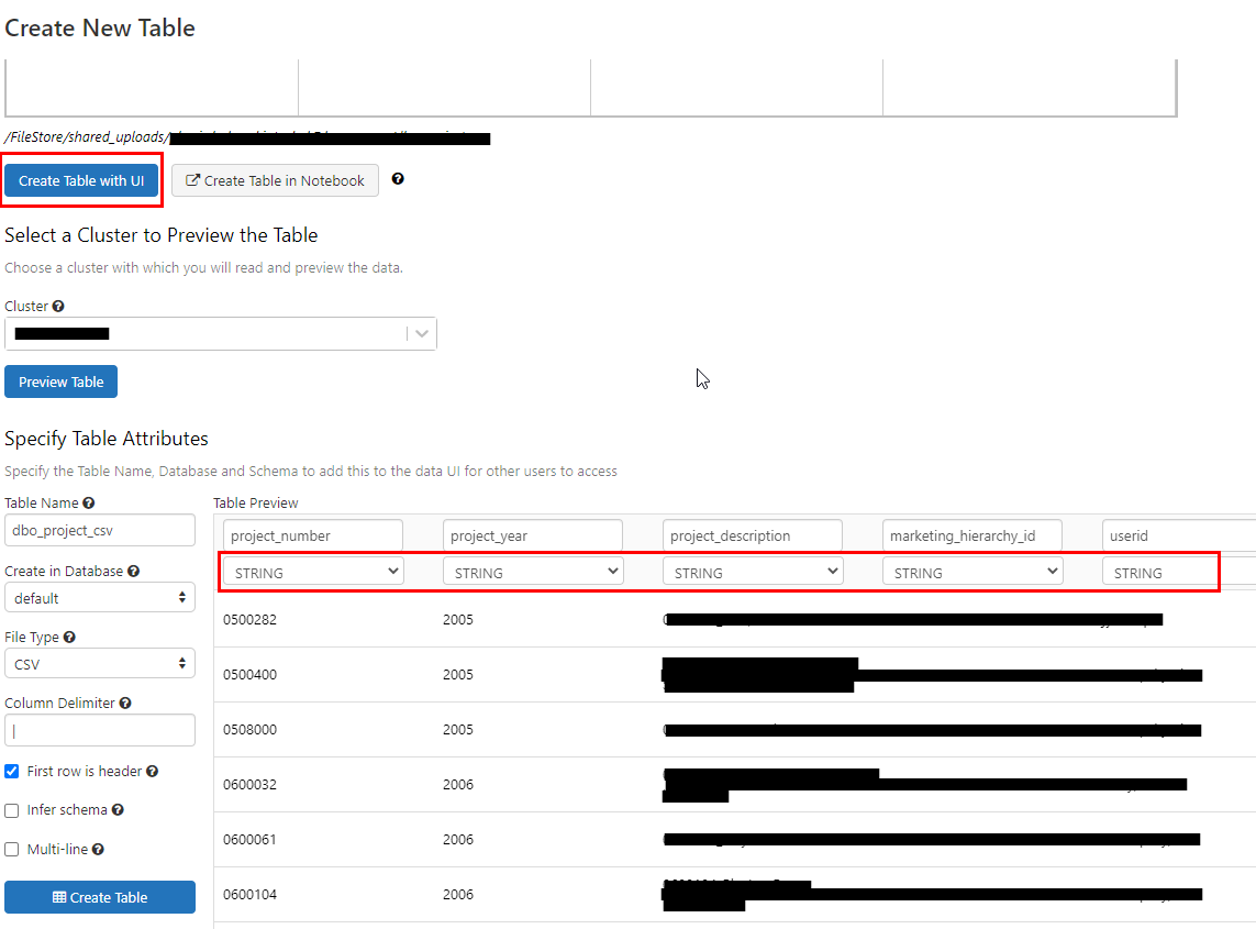 Create table with UI from Databricks