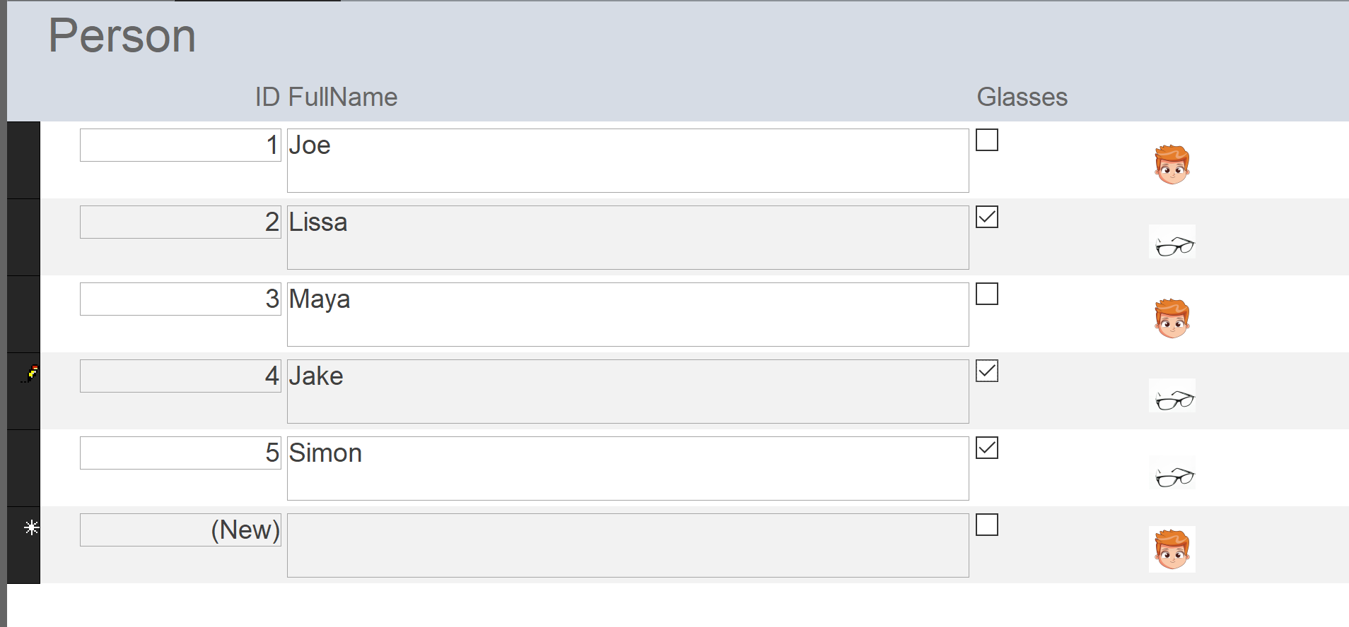 Image of glasses when 'glasses' field is yes, image of no glasses when 'glasses' field is no