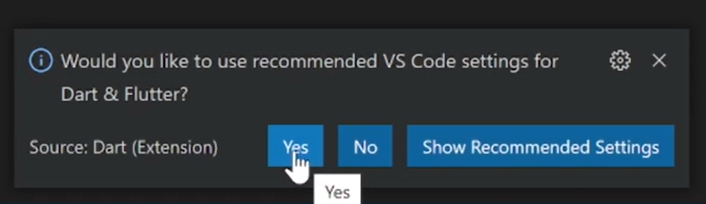 VS Code prompt asking whether to use the recommended VS Code settings for Dart & Flutter