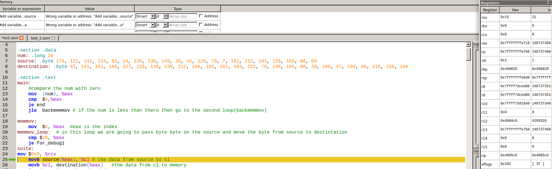 in the first picture we can see that rax is on 21 then the data that need to pass is source 21 = 43