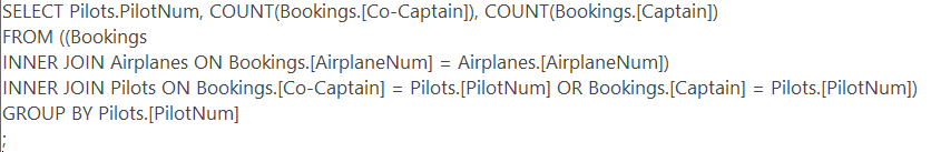 This is the SQL I used to find the number of the Co-captain for each Pilots