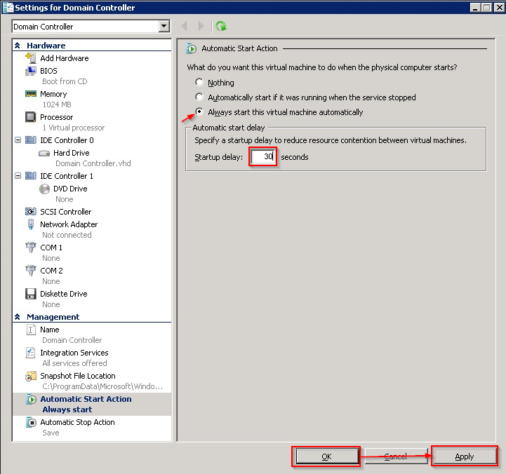 Shows the Hyper-V Virtual Machine settings UI, where a user can specify autostart behavior, from https://www.download3k.com/articles/How-to-Make-Hyper-V-Virtual-Machines-Launch-Automatically-at-Startup-01939#:~:text=Hyper V Start a Virtual Machine Automatically 1,main options, as shown in ... See More.