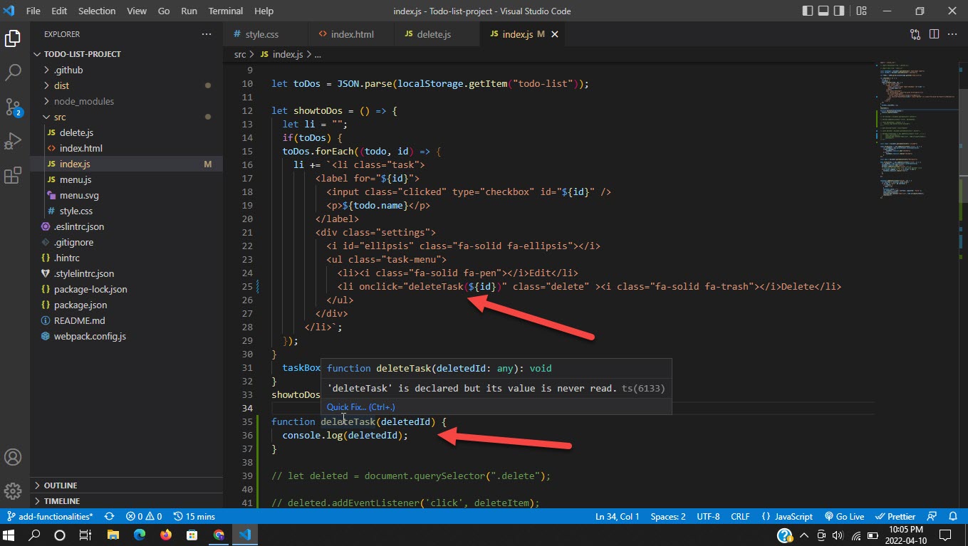 picture of the code in vscode