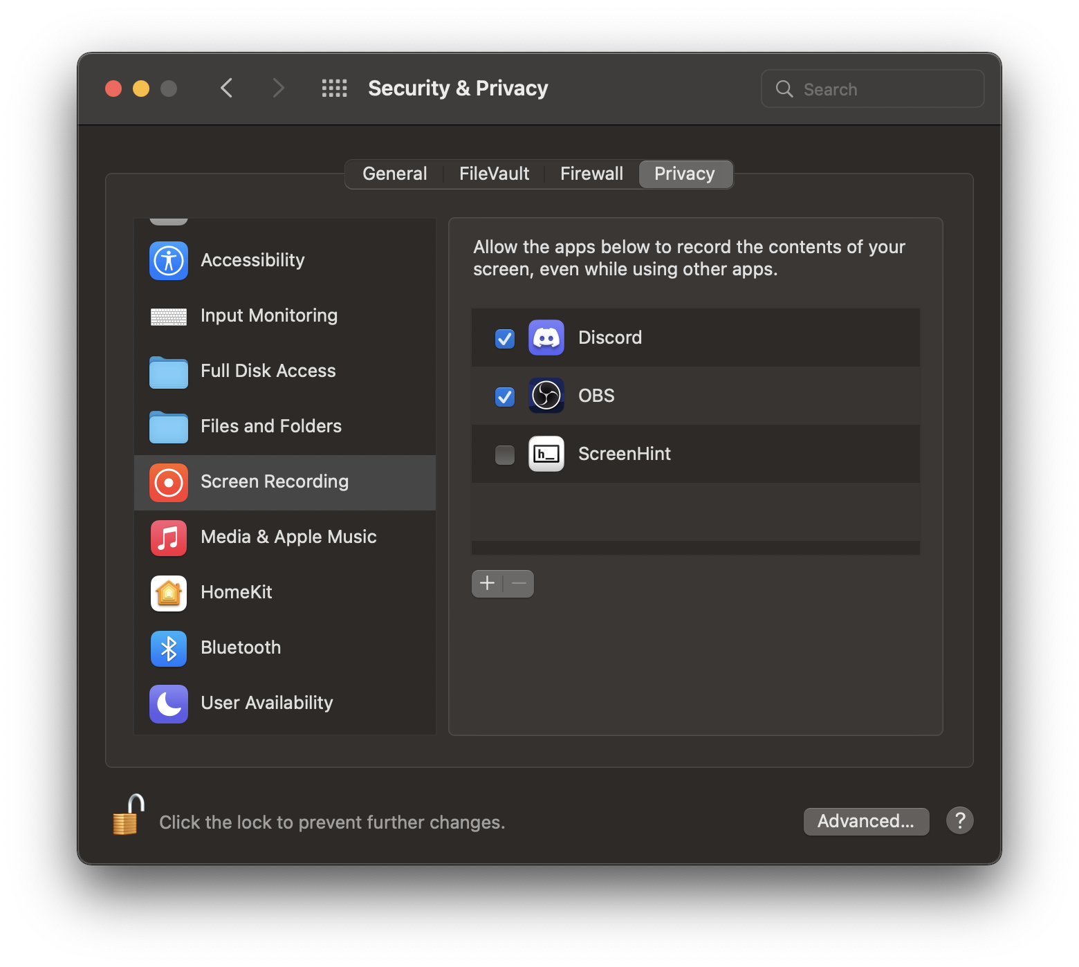 Screenshot of app in Screen Recording permissions section of System Preferences