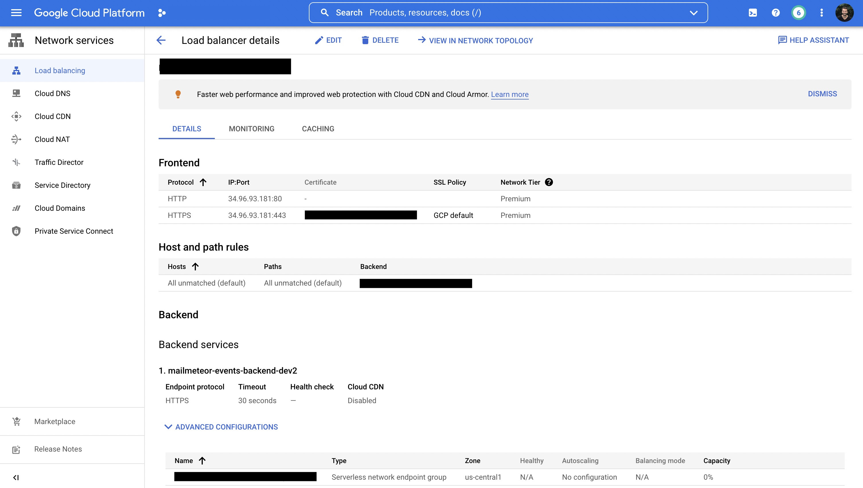 Google Cloud Load Balancer configuration details