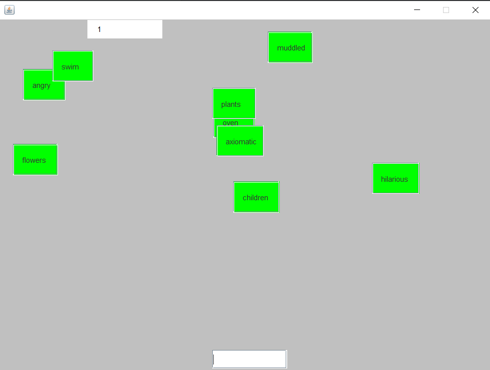 Topleft white label is amount of points. Every green rectangle is a JTextField waiting to get eliminated. Bottom white rectangle is the TextArea which the user will input the words to remove them.