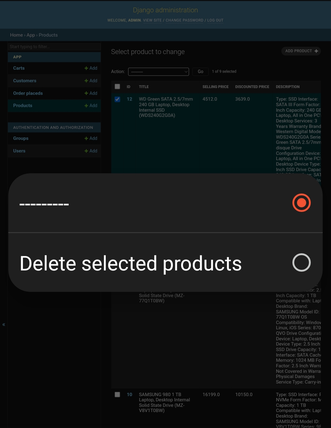 Options after selecting