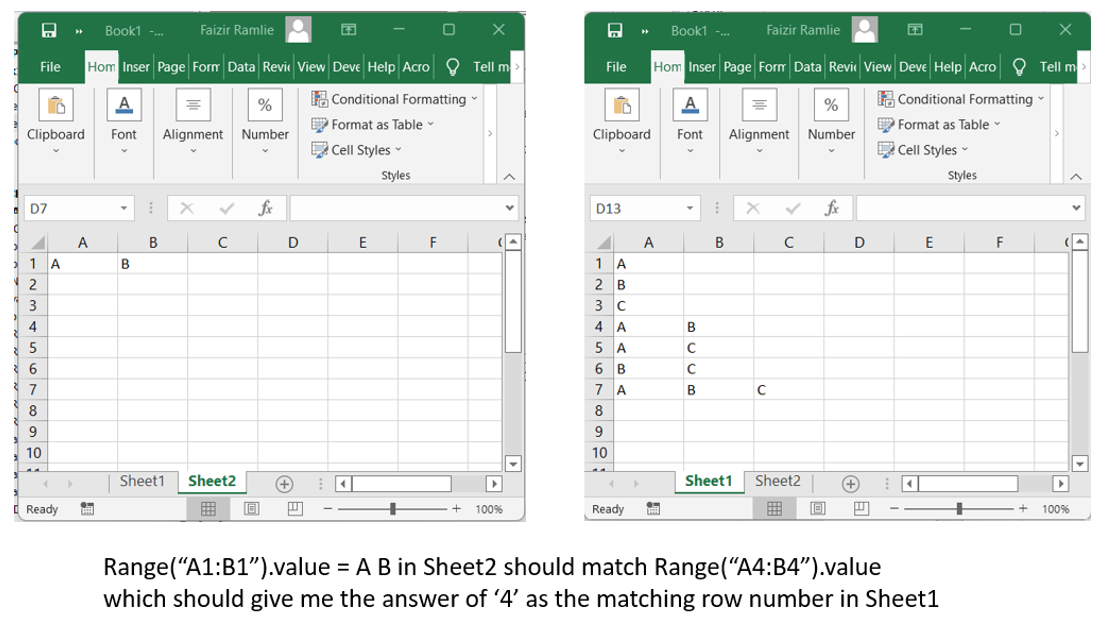 Range value in 'Sheet2' to match with the same range value in 'Sheet1' with its associated row number