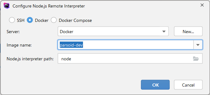 node.js interpreter settings dialog