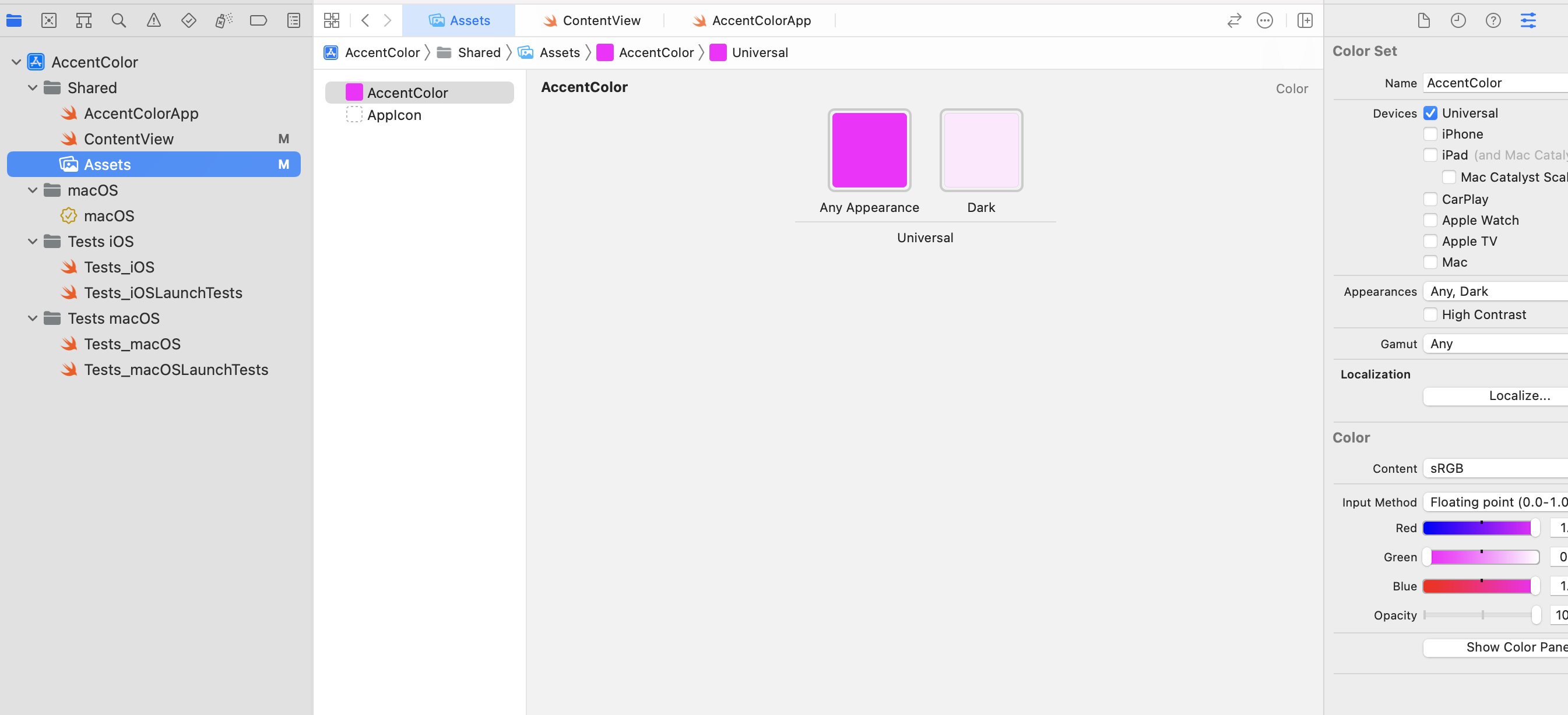 Image showing the AccentColor asset being set to pink