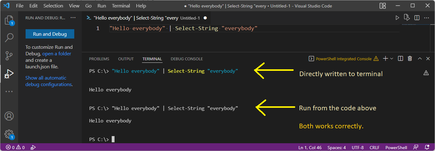 Example of VSCode's Select-String correct behaviour