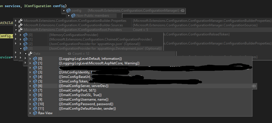 configuration while debugging